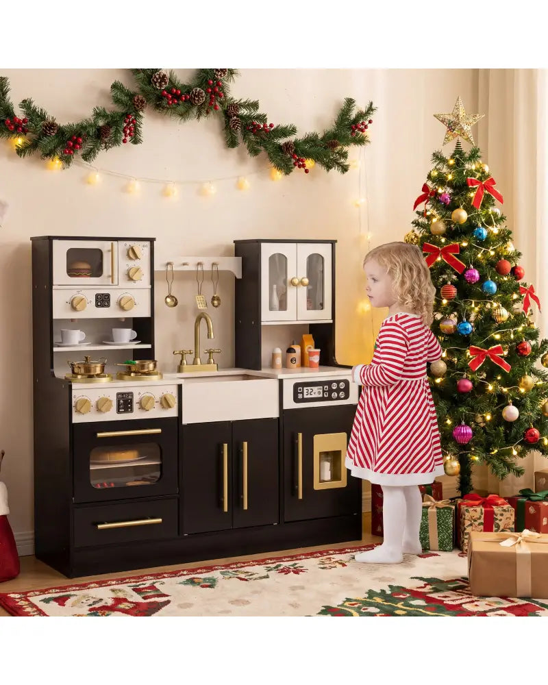 Wooden Kids Kitchen Playset with Realistic Lights and Sounds-Black - Black - Play Kitchen Sets