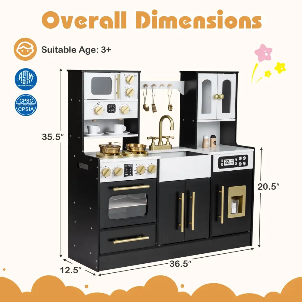 Wooden Kids Kitchen Playset with Realistic Lights and Sounds-Black - Black - Play Kitchen Sets