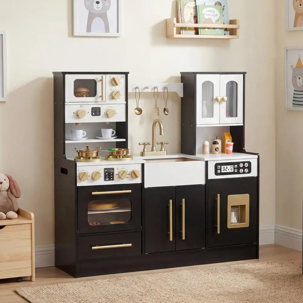 Wooden Kids Kitchen Playset with Realistic Lights and Sounds-Black - Black - Play Kitchen Sets