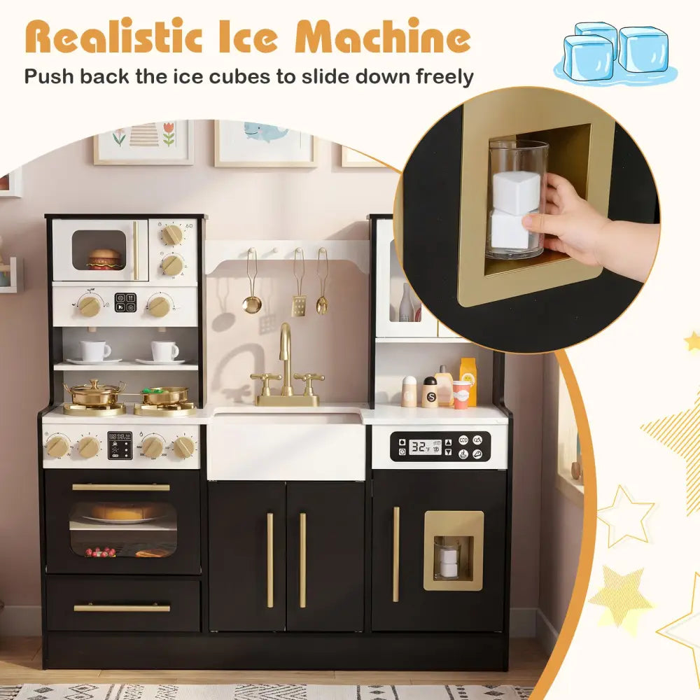 Wooden Kids Kitchen Playset with Realistic Lights and Sounds-Black - Black - Play Kitchen Sets