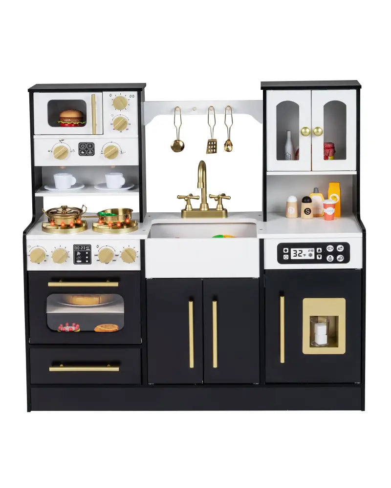 Wooden Kids Kitchen Playset with Realistic Lights and Sounds-Black - Black - Play Kitchen Sets