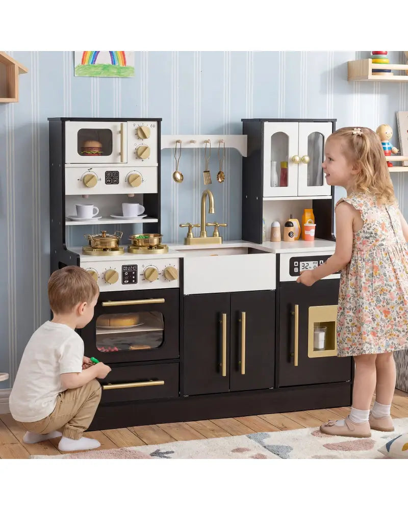 Wooden Kids Kitchen Playset with Realistic Lights and Sounds-Black - Black - Play Kitchen Sets