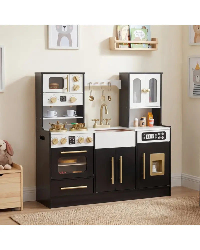 Wooden Kids Kitchen Playset with Realistic Lights and Sounds-Black - Black - Play Kitchen Sets