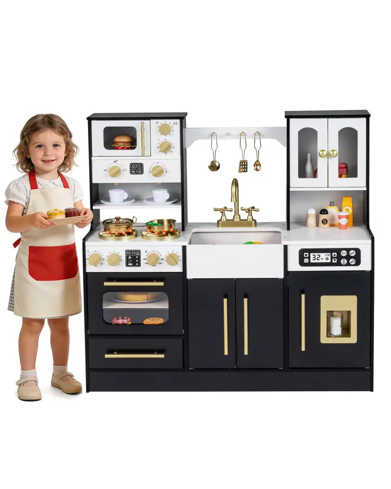 Wooden Kids Kitchen Playset with Realistic Lights and Sounds-Black - Black - Play Kitchen Sets