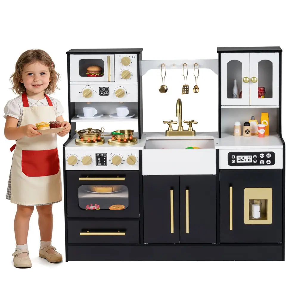Wooden Kids Kitchen Playset with Realistic Lights and Sounds-Black - Black - Play Kitchen Sets
