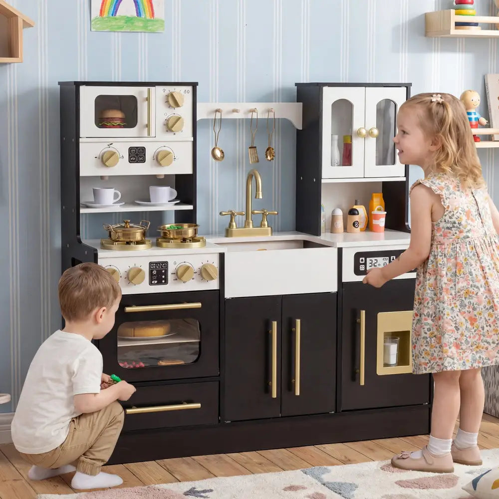 Wooden Kids Kitchen Playset with Realistic Lights and Sounds-Black - Black - Play Kitchen Sets