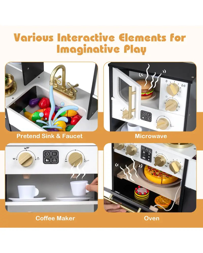Wooden Kids Kitchen Playset with Realistic Lights and Sounds-Black - Black - Play Kitchen Sets