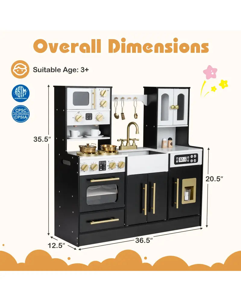 Wooden Kids Kitchen Playset with Realistic Lights and Sounds-Black - Black - Play Kitchen Sets
