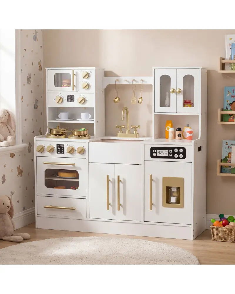 Wooden Kids Kitchen Playset with Realistic Lights and Sounds-White - White - Play Kitchen Sets