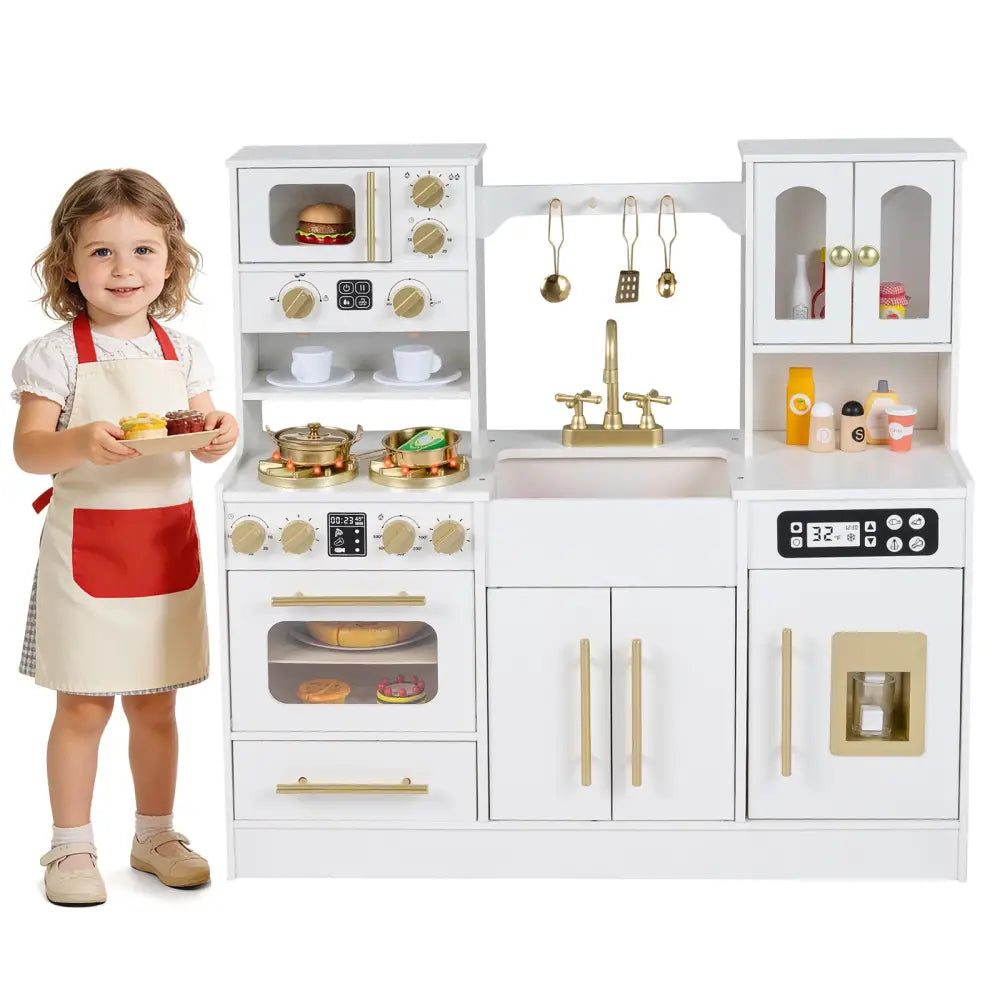 Wooden Kids Kitchen Playset with Realistic Lights and Sounds-White - White - Play Kitchen Sets