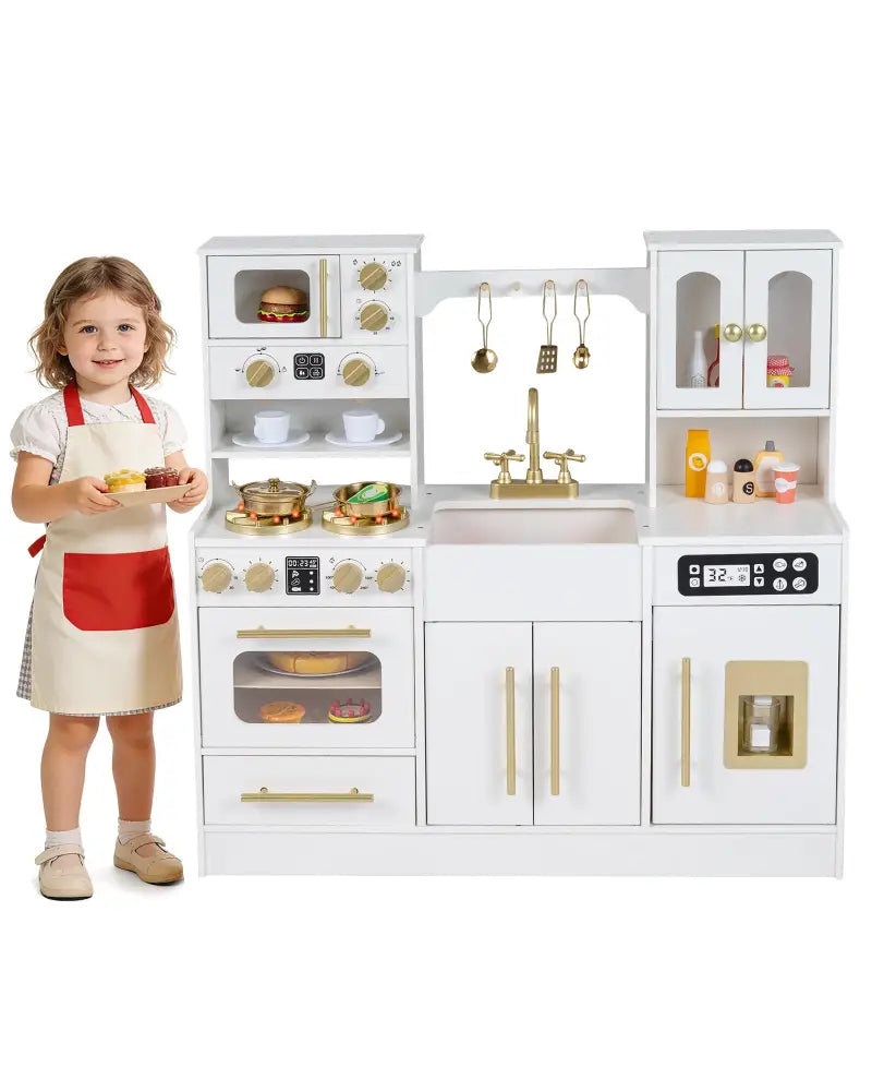 Wooden Kids Kitchen Playset with Realistic Lights and Sounds-White - White - Play Kitchen Sets