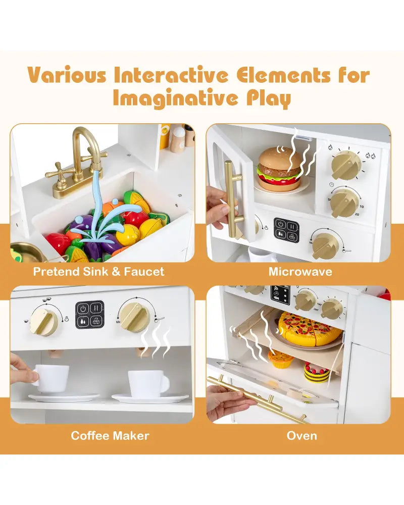 Wooden Kids Kitchen Playset with Realistic Lights and Sounds-White - White - Play Kitchen Sets