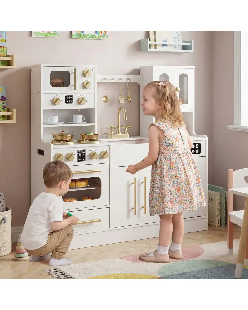 Wooden Kids Kitchen Playset with Realistic Lights and Sounds-White - White - Play Kitchen Sets