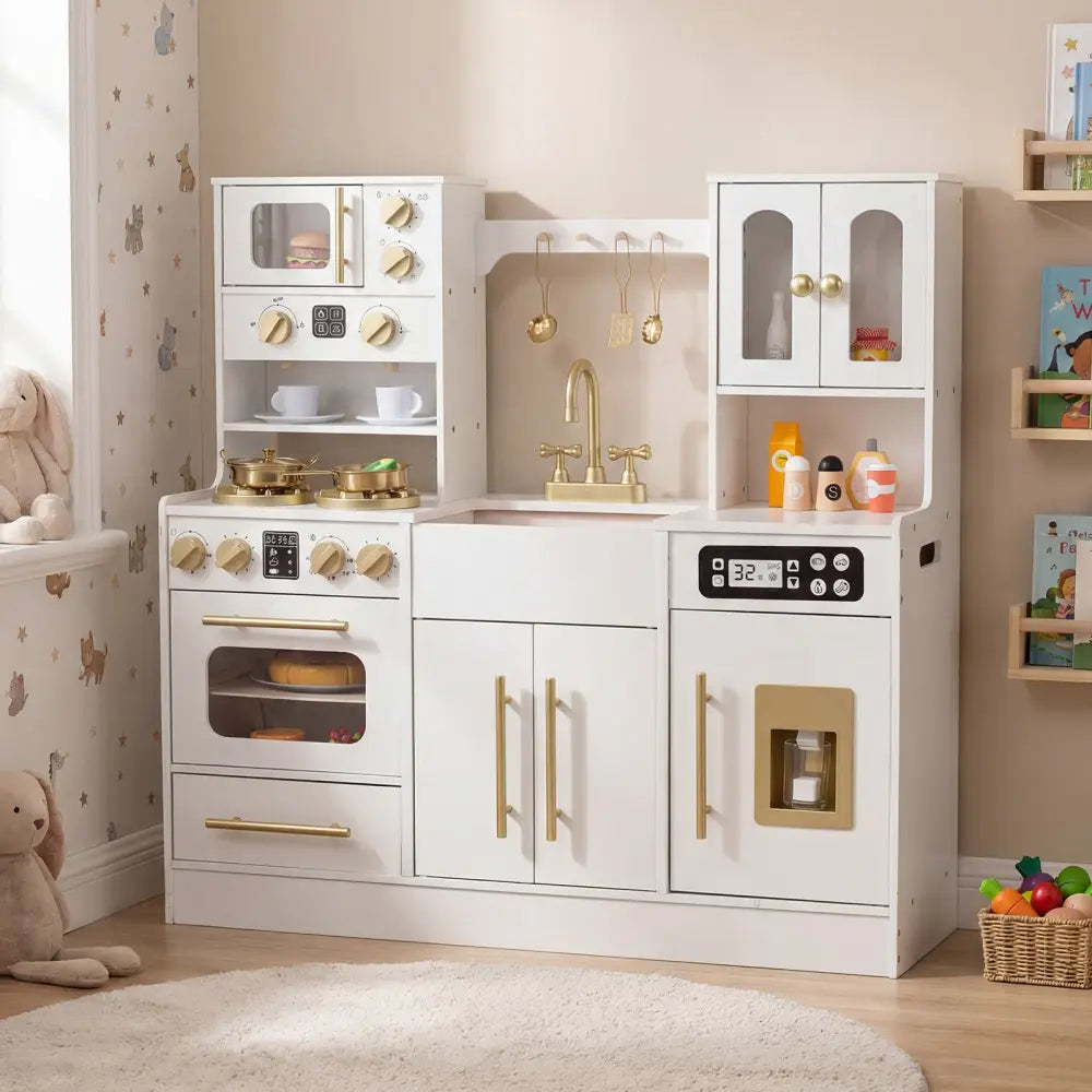 Wooden Kids Kitchen Playset with Realistic Lights and Sounds-White - White - Play Kitchen Sets