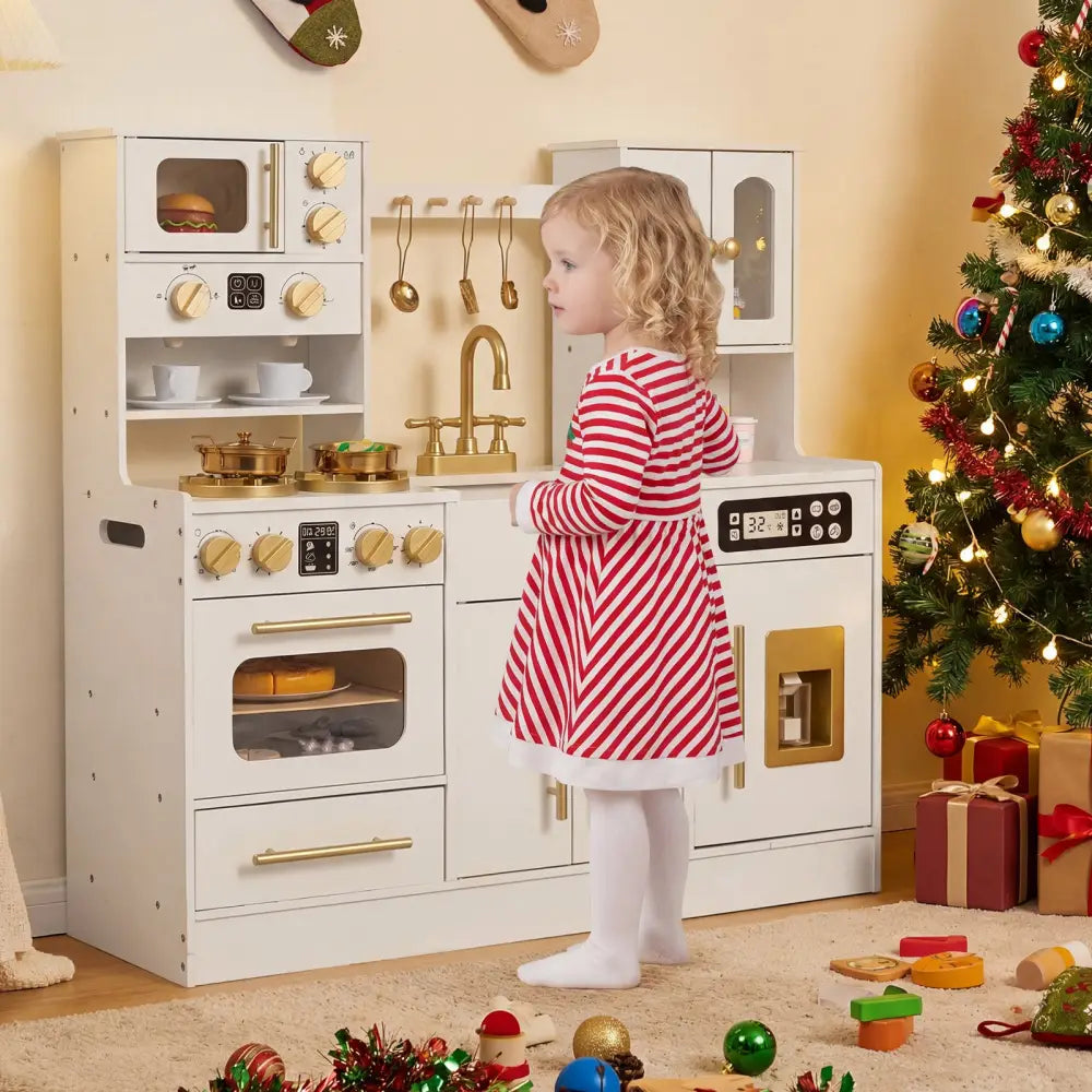 Wooden Kids Kitchen Playset with Realistic Lights and Sounds-White - White - Play Kitchen Sets