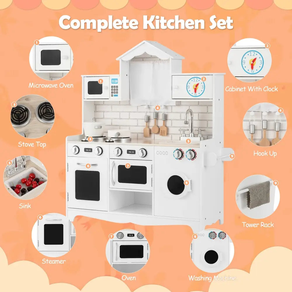 Wooden Kids Kitchen with Washing Machine - White - Play Kitchen Sets
