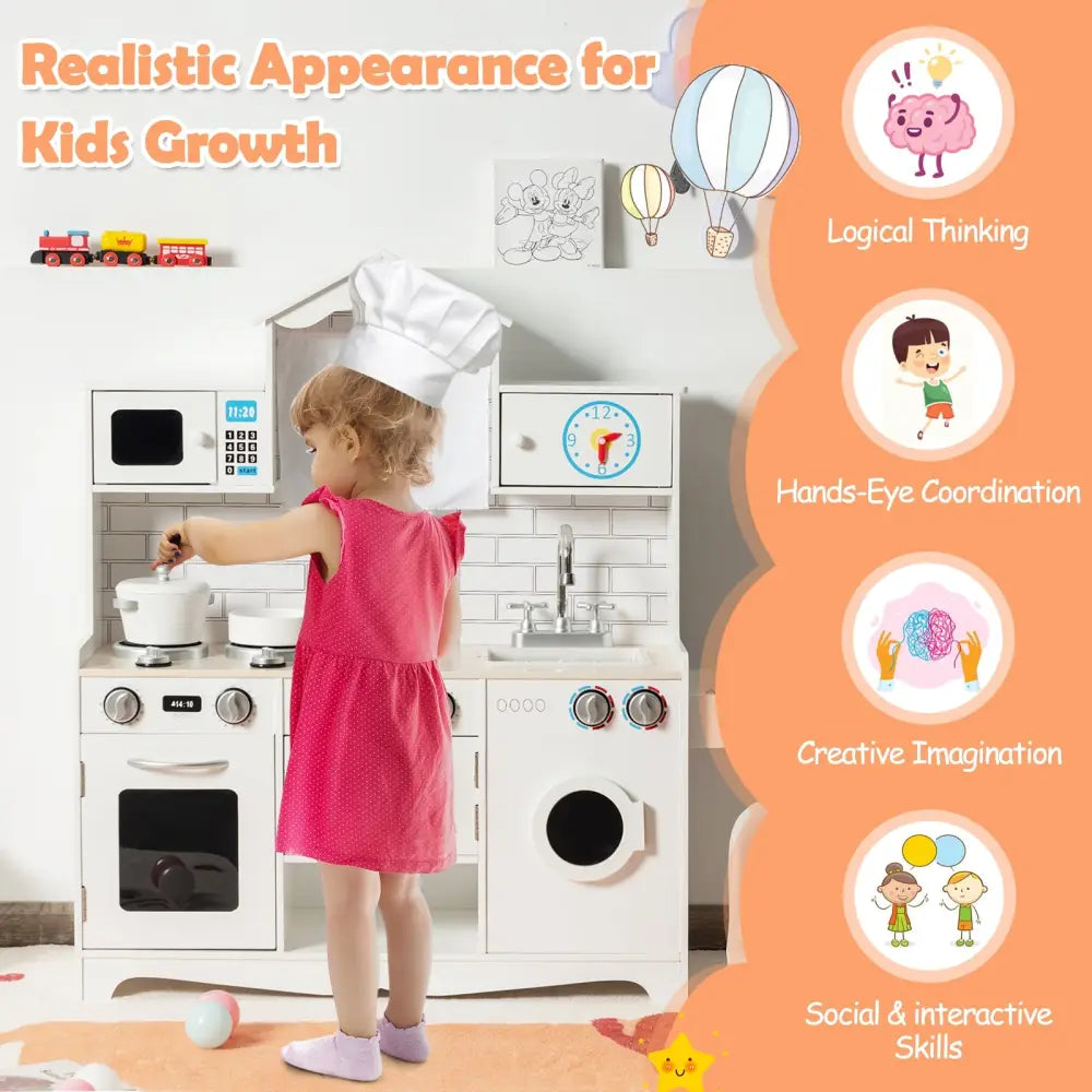 Wooden Kids Kitchen with Washing Machine - White - Play Kitchen Sets