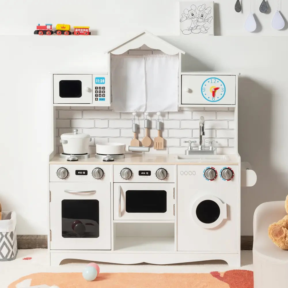 Wooden Kids Kitchen with Washing Machine - White - Play Kitchen Sets