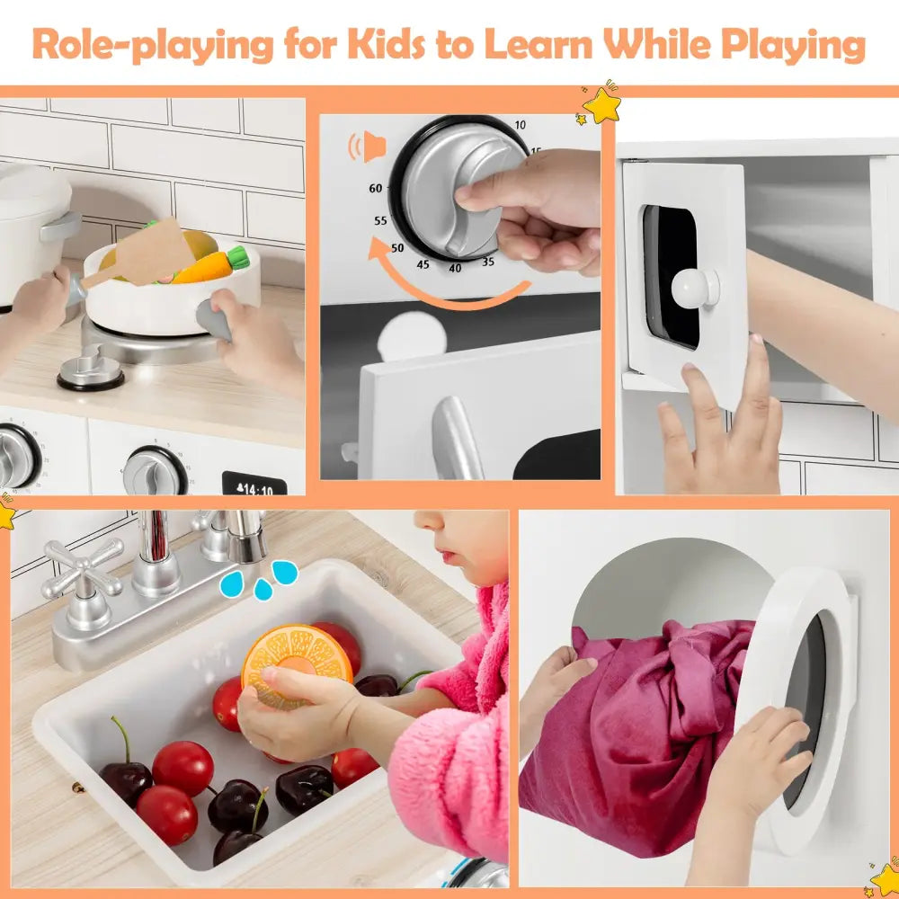 Wooden Kids Kitchen with Washing Machine - White - Play Kitchen Sets