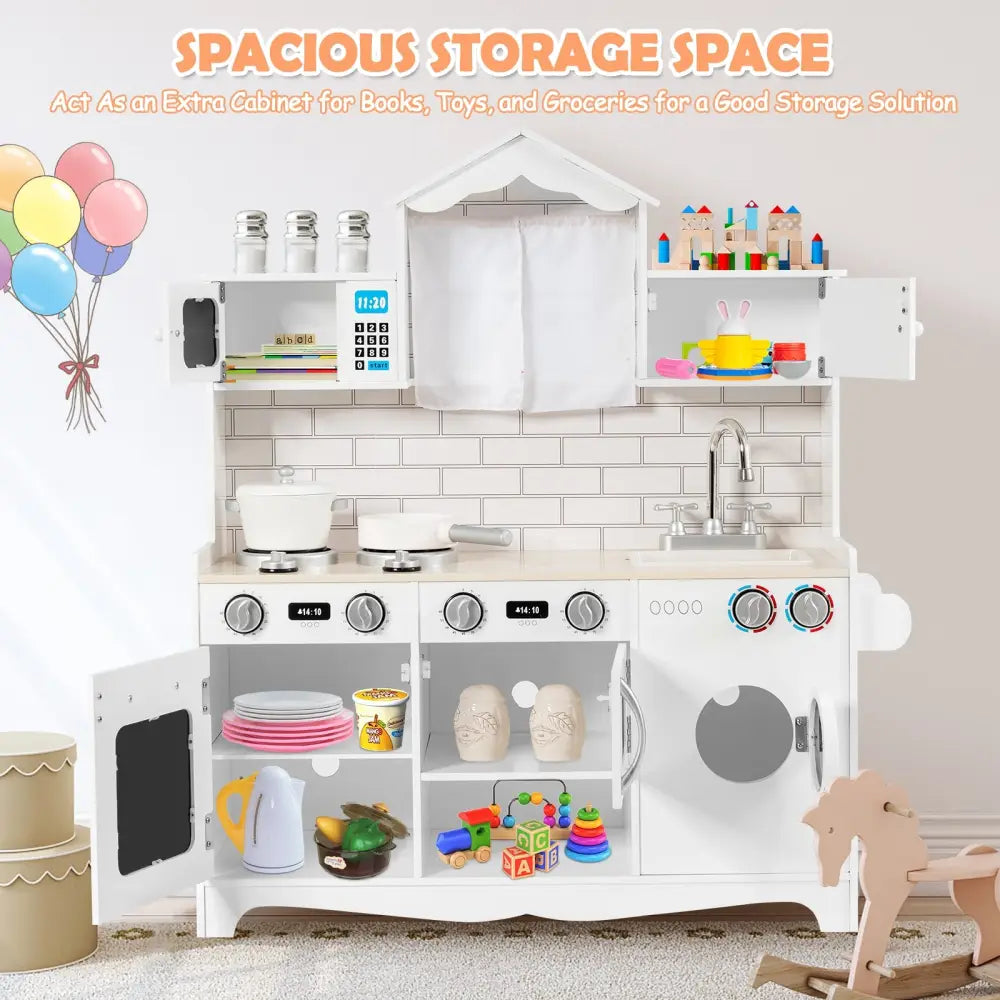 Wooden Kids Kitchen with Washing Machine - White - Play Kitchen Sets