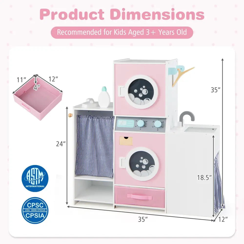 Wooden Kids Laundry Playset with Laundry Detergent Bottle and Clothes Hangers-Pink - Pink - Play Kitchen Sets