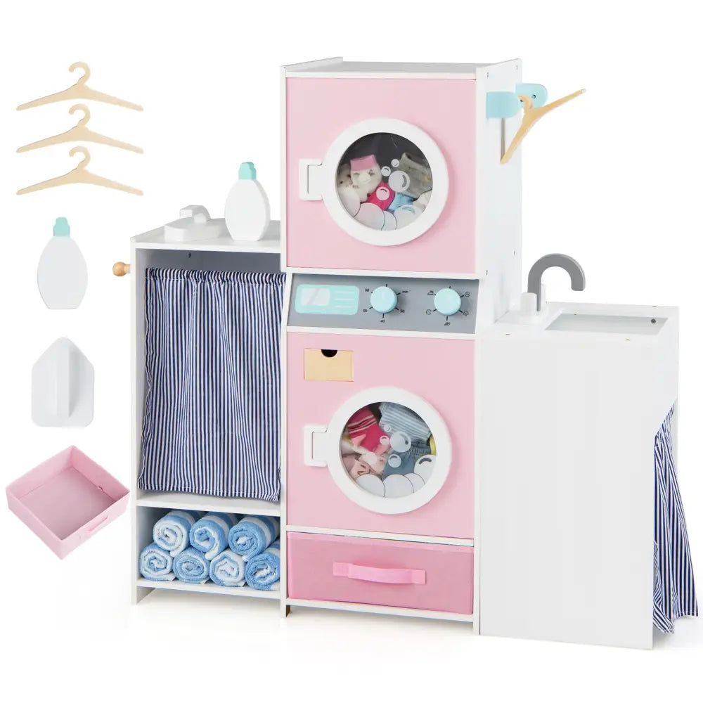 Wooden Kids Laundry Playset with Laundry Detergent Bottle and Clothes Hangers-Pink - Pink - Play Kitchen Sets