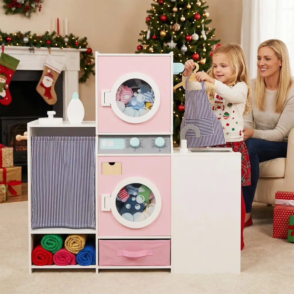 Wooden Kids Laundry Playset with Laundry Detergent Bottle and Clothes Hangers-Pink - Pink - Play Kitchen Sets