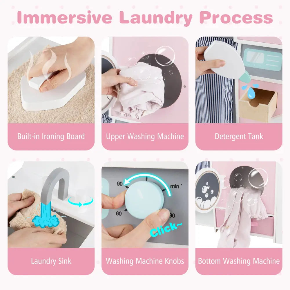 Wooden Kids Laundry Playset with Laundry Detergent Bottle and Clothes Hangers-Pink - Pink - Play Kitchen Sets