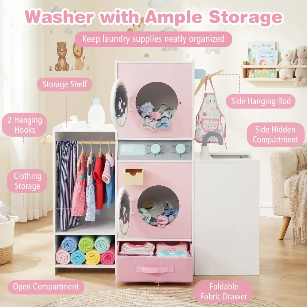 Wooden Kids Laundry Playset with Laundry Detergent Bottle and Clothes Hangers-Pink - Pink - Play Kitchen Sets