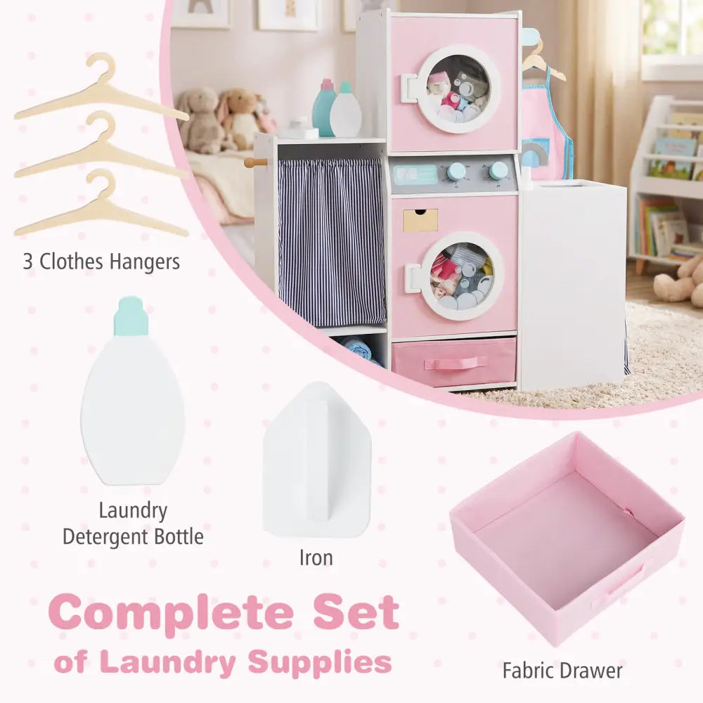 Wooden Kids Laundry Playset with Laundry Detergent Bottle and Clothes Hangers-Pink - Pink - Play Kitchen Sets