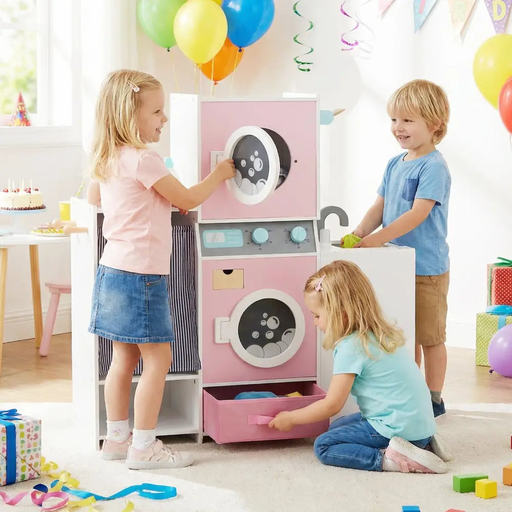 Wooden Kids Laundry Playset with Laundry Detergent Bottle and Clothes Hangers-Pink - Pink - Play Kitchen Sets