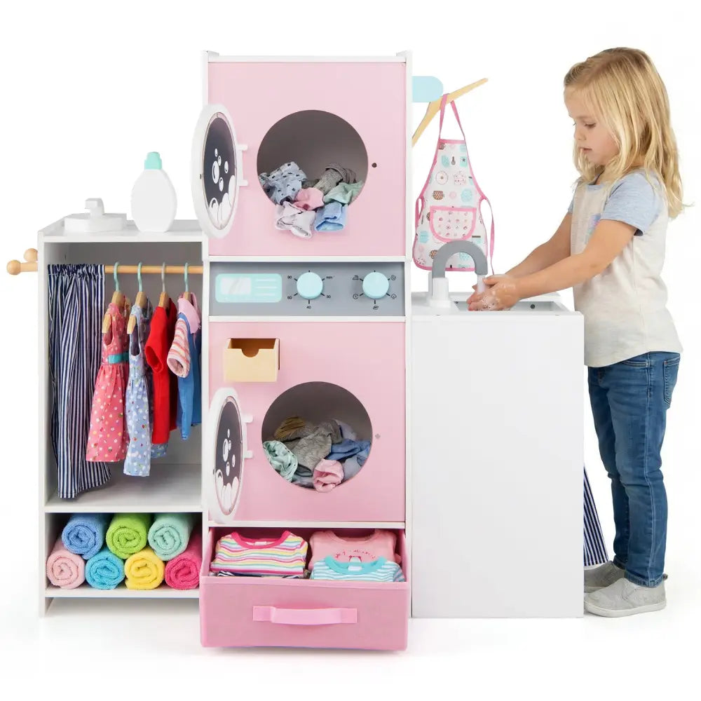 Wooden Kids Laundry Playset with Laundry Detergent Bottle and Clothes Hangers-Pink - Pink - Play Kitchen Sets