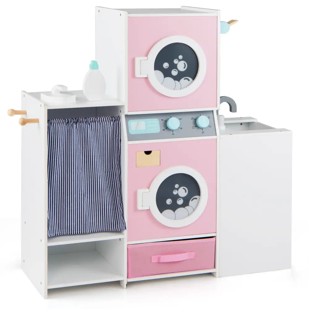 Wooden Kids Laundry Playset with Laundry Detergent Bottle and Clothes Hangers-Pink - Pink - Play Kitchen Sets
