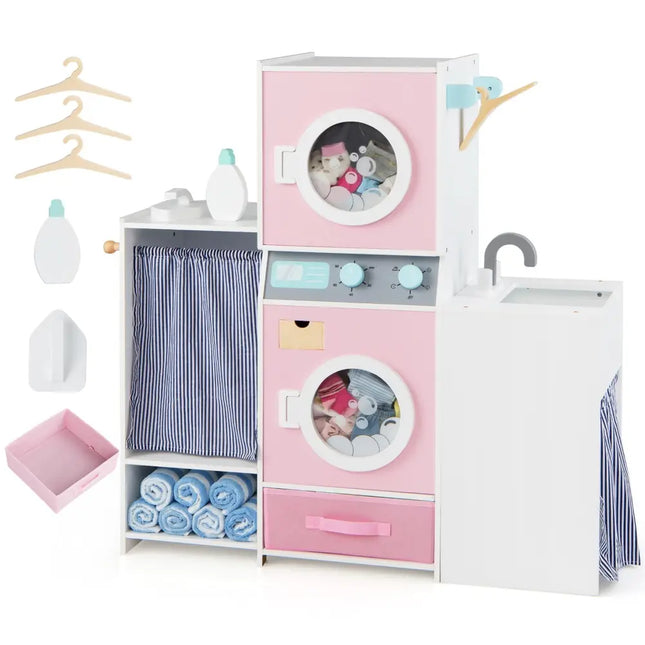 Wooden Kids Laundry Playset with Laundry Detergent Bottle and Clothes Hangers - Pink - Oasis Home Essentials