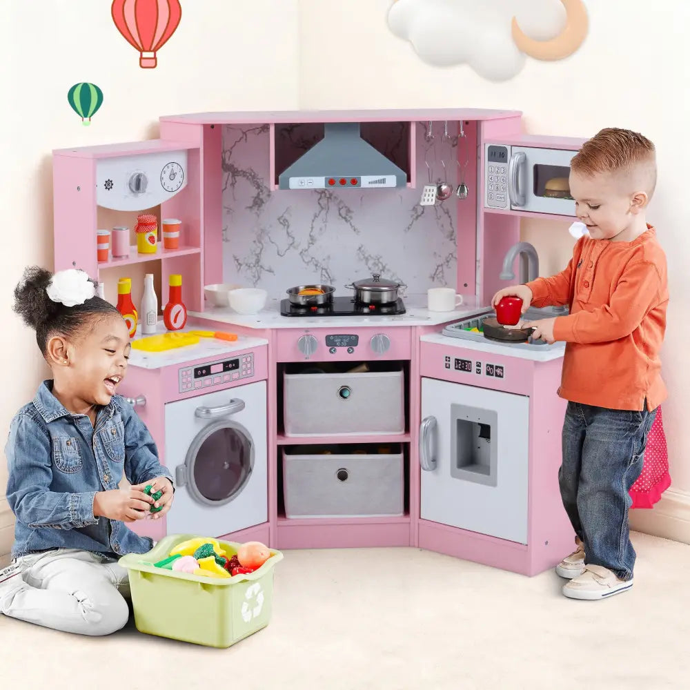 Wooden Kids Play Kitchen Playset with Realistic Lights and Sounds-Pink - Pink - Play Kitchen Sets