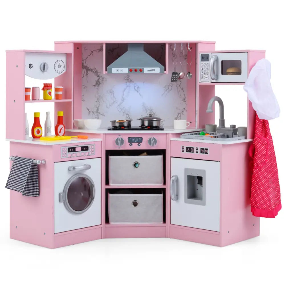 Wooden Kids Play Kitchen Playset with Realistic Lights and Sounds-Pink - Pink - Play Kitchen Sets