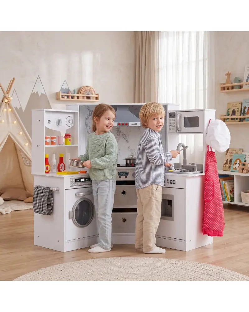Wooden Kids Play Kitchen Playset with Realistic Lights and Sounds-White - White - Play Kitchen Sets