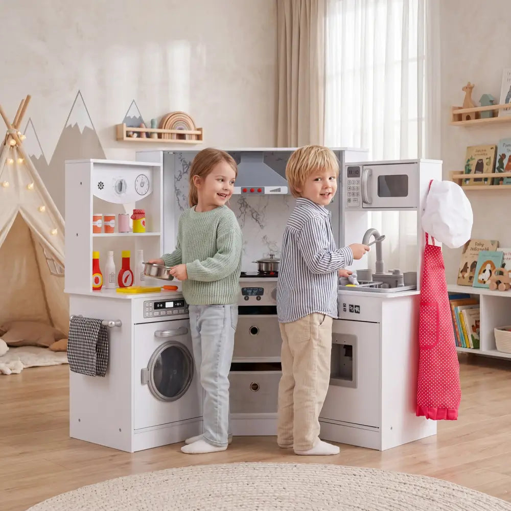 Wooden Kids Play Kitchen Playset with Realistic Lights and Sounds-White - White - Play Kitchen Sets