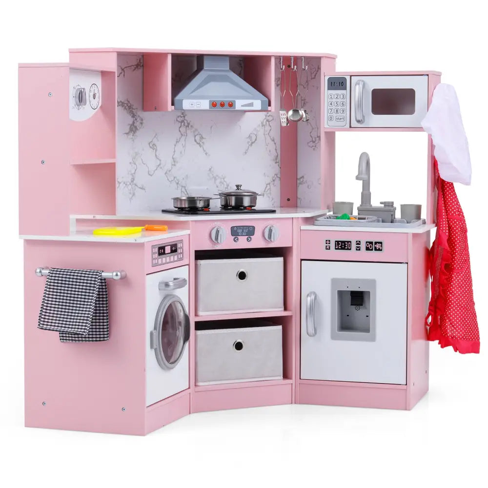 Wooden Kids Play Kitchen Playset with Realistic Lights and Sounds-Pink - Pink - Play Kitchen Sets