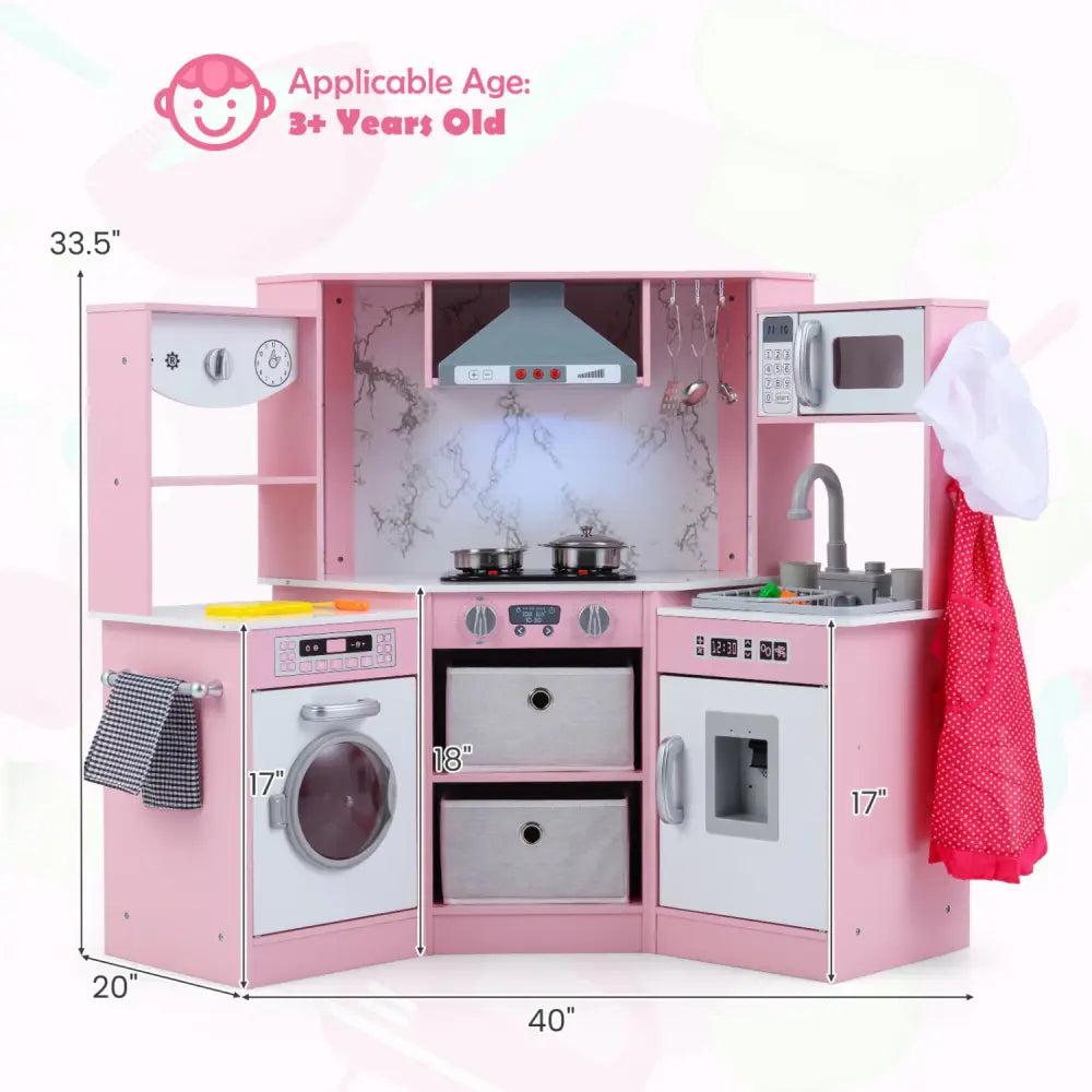 Wooden Kids Play Kitchen Playset with Realistic Lights and Sounds-Pink - Pink - Play Kitchen Sets