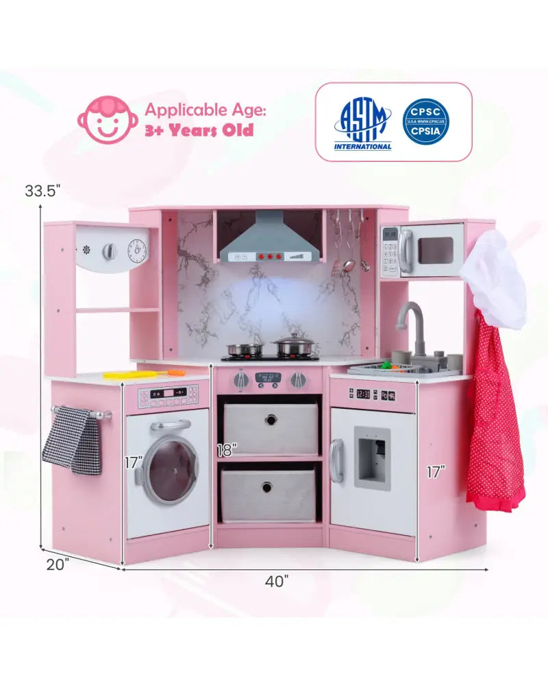 Wooden Kids Play Kitchen Playset with Realistic Lights and Sounds-Pink - Pink - Play Kitchen Sets