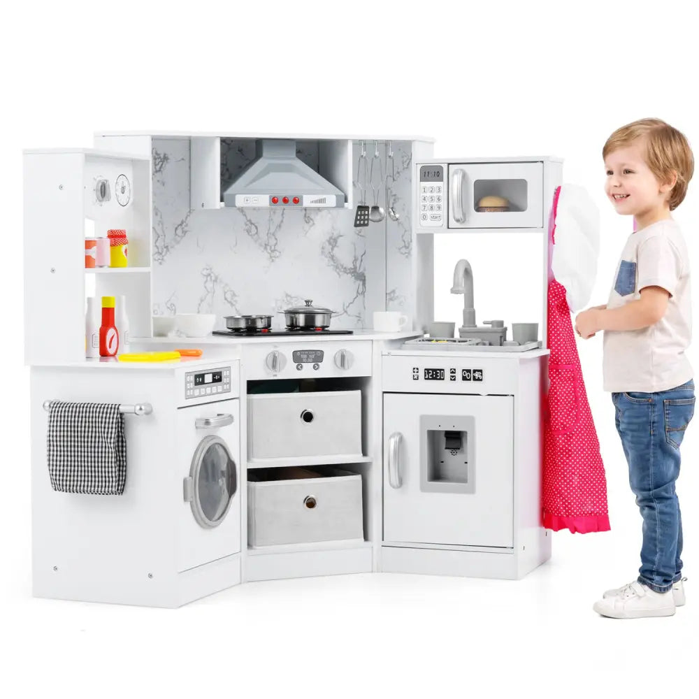 Wooden Kids Play Kitchen Playset with Realistic Lights and Sounds-White - White - Play Kitchen Sets