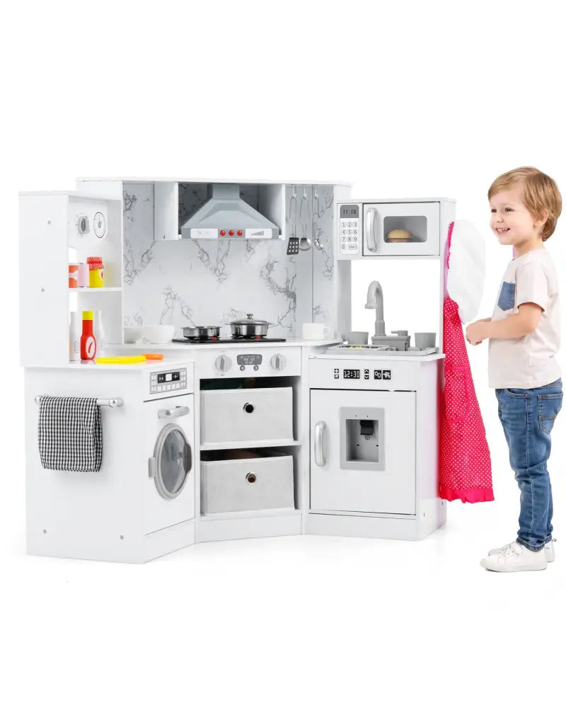 Wooden Kids Play Kitchen Playset with Realistic Lights and Sounds-White - White - Play Kitchen Sets