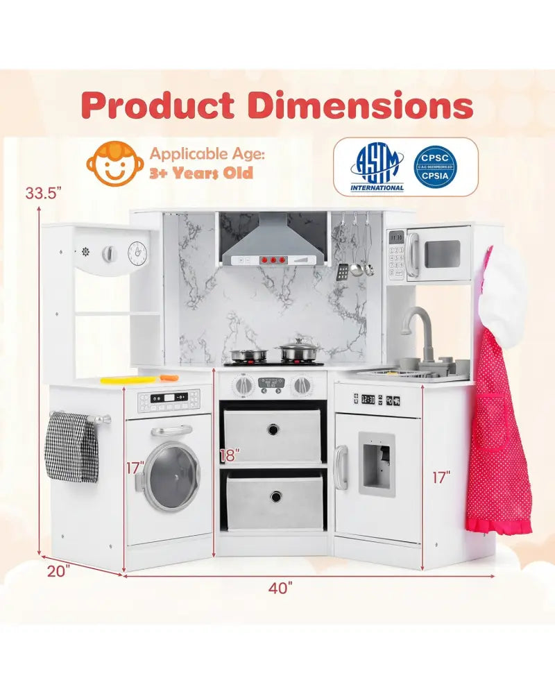 Wooden Kids Play Kitchen Playset with Realistic Lights and Sounds-White - White - Play Kitchen Sets