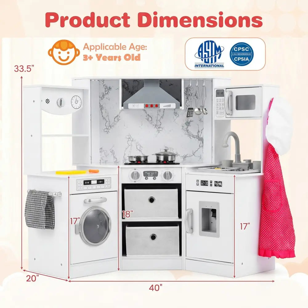 Wooden Kids Play Kitchen Playset with Realistic Lights and Sounds-White - White - Play Kitchen Sets