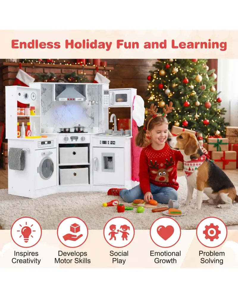 Wooden Kids Play Kitchen Playset with Realistic Lights and Sounds-White - White - Play Kitchen Sets
