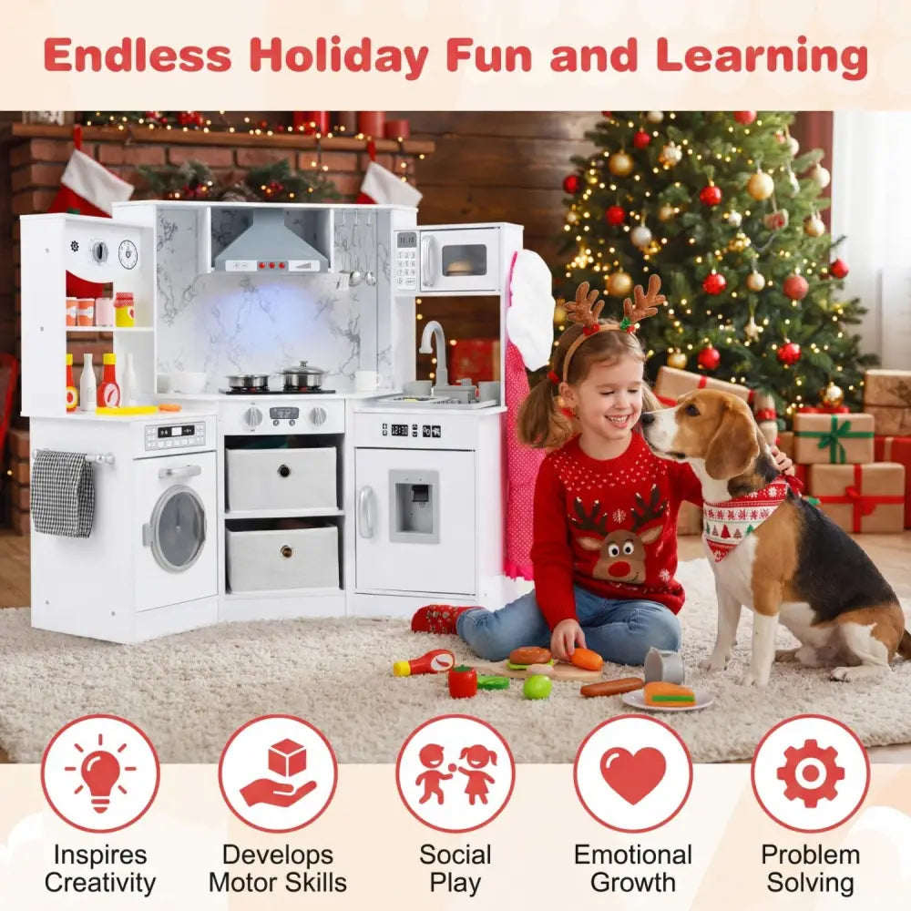 Wooden Kids Play Kitchen Playset with Realistic Lights and Sounds-White - White - Play Kitchen Sets
