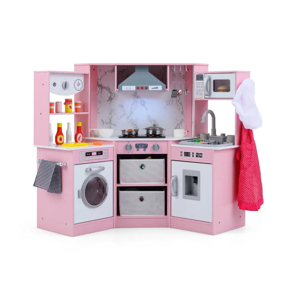 Wooden Kids Play Kitchen Playset with Realistic Lights and Sounds-Pink - Pink - Play Kitchen Sets