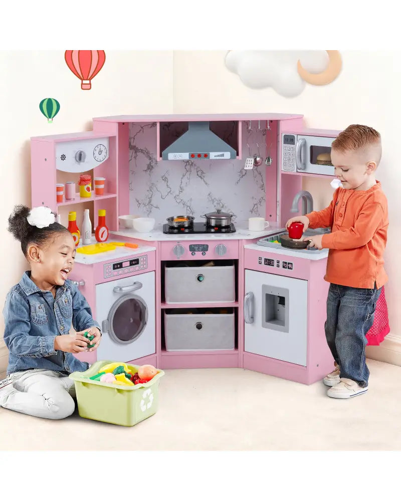 Wooden Kids Play Kitchen Playset with Realistic Lights and Sounds-Pink - Pink - Play Kitchen Sets