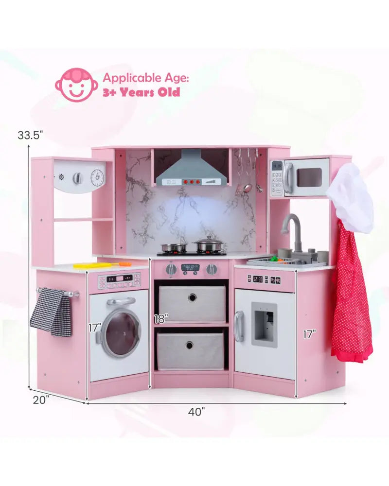 Wooden Kids Play Kitchen Playset with Realistic Lights and Sounds-Pink - Pink - Play Kitchen Sets